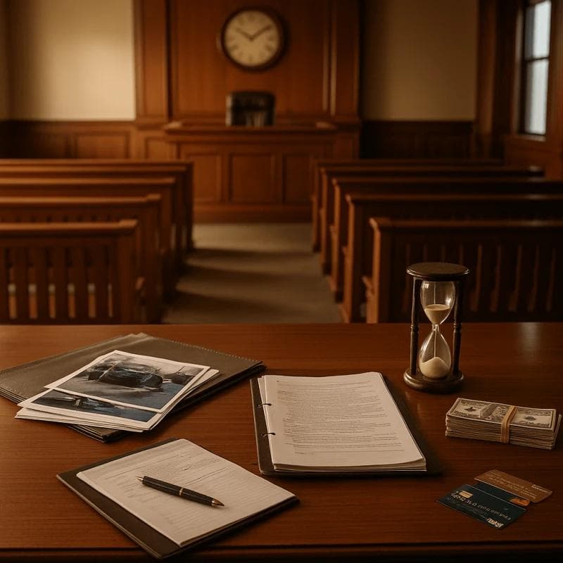 Courtroom with documents and clock showing car accident settlement timelines