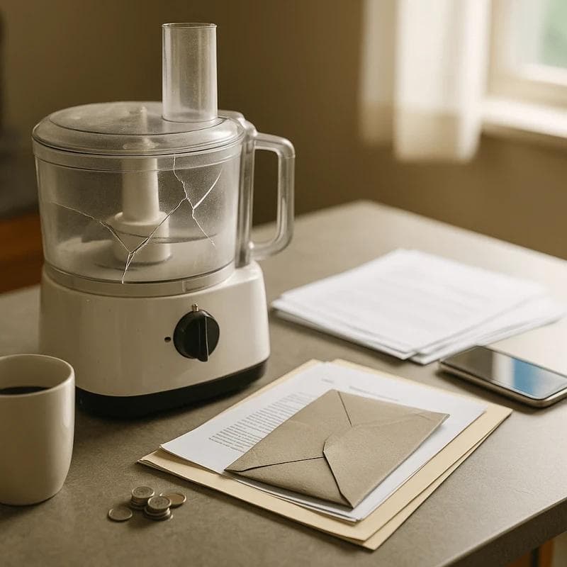 Broken household appliance on countertop symbolizing defective product lawsuits and pre-settlement funding for consumers
