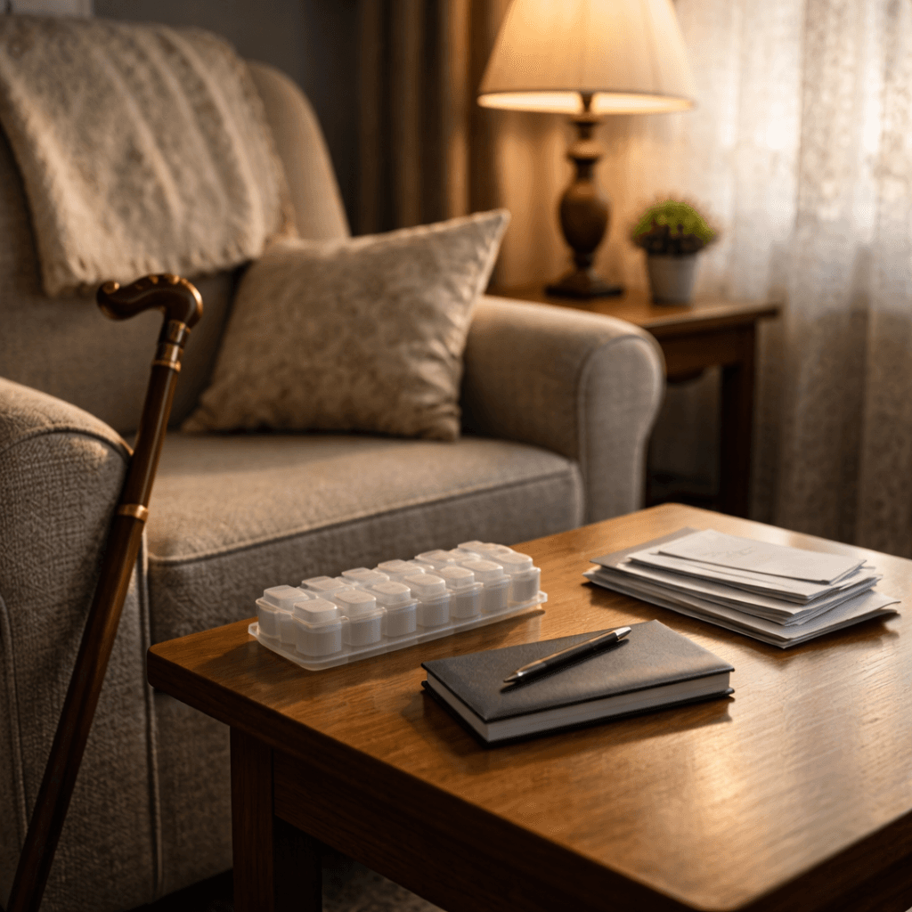 Armchair with cane, pill organizer, and hidden bank envelopes representing pre-settlement funding in elder abuse and financial exploitation cases