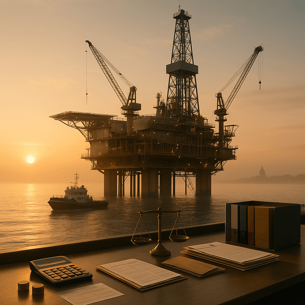 Offshore oil rig and supply boat at sunrise symbolizing legal funding in maritime and offshore injury cases