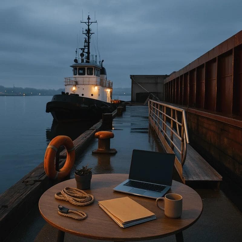 Jones Act legal funding harbor scene with tug and pier