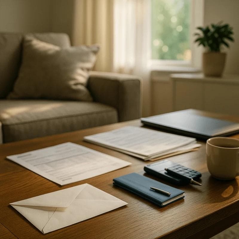 Open envelope and bills on a home table symbolizing financial relief after pre-settlement funding approval