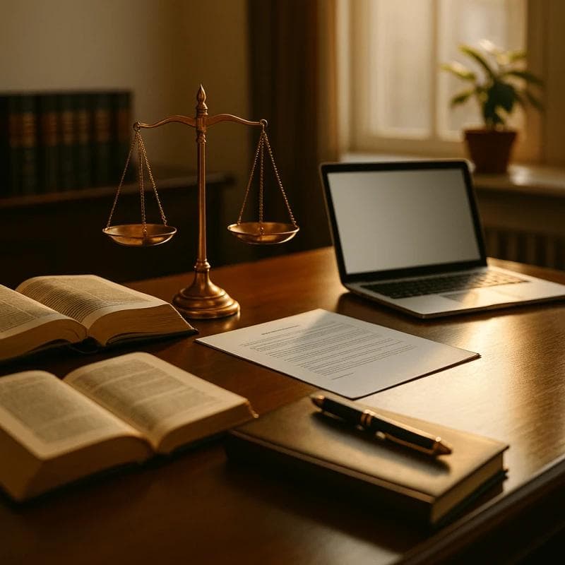 Law office with scales of justice, open books, and legal documents illustrating attorney guidance in pre-settlement funding