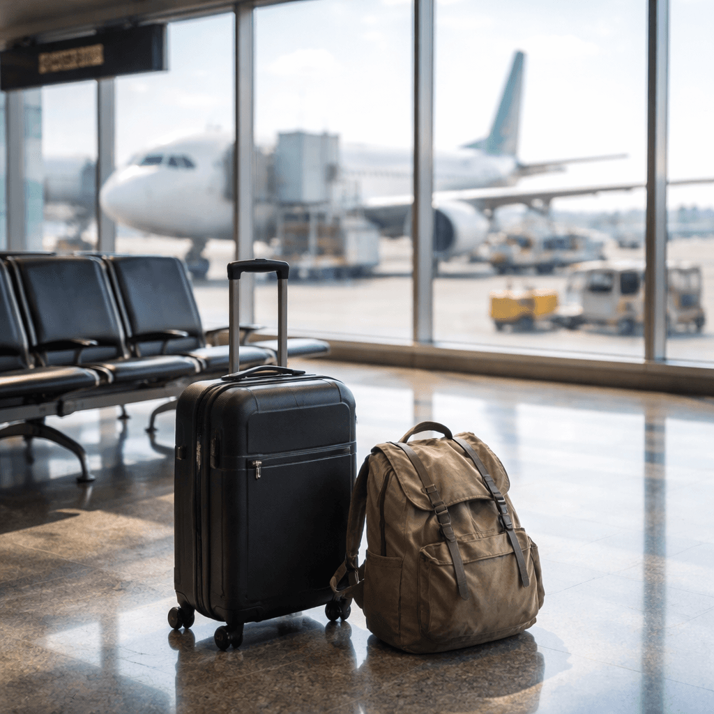 Airport seating area with suitcase and backpack symbolizing pre-settlement funding when injured far from home