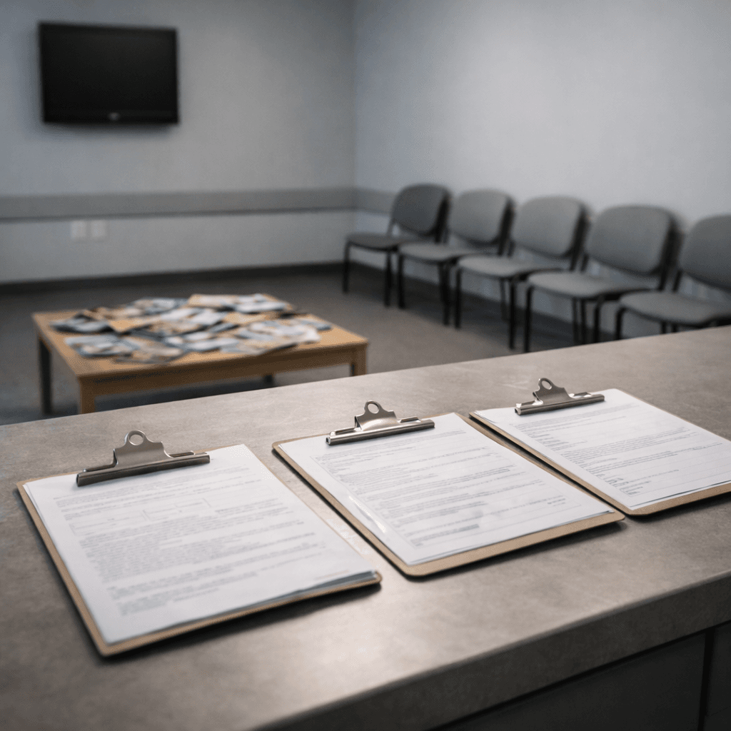 Clinic waiting room with multiple clipboards symbolizing funding challenges when you don’t have a regular doctor