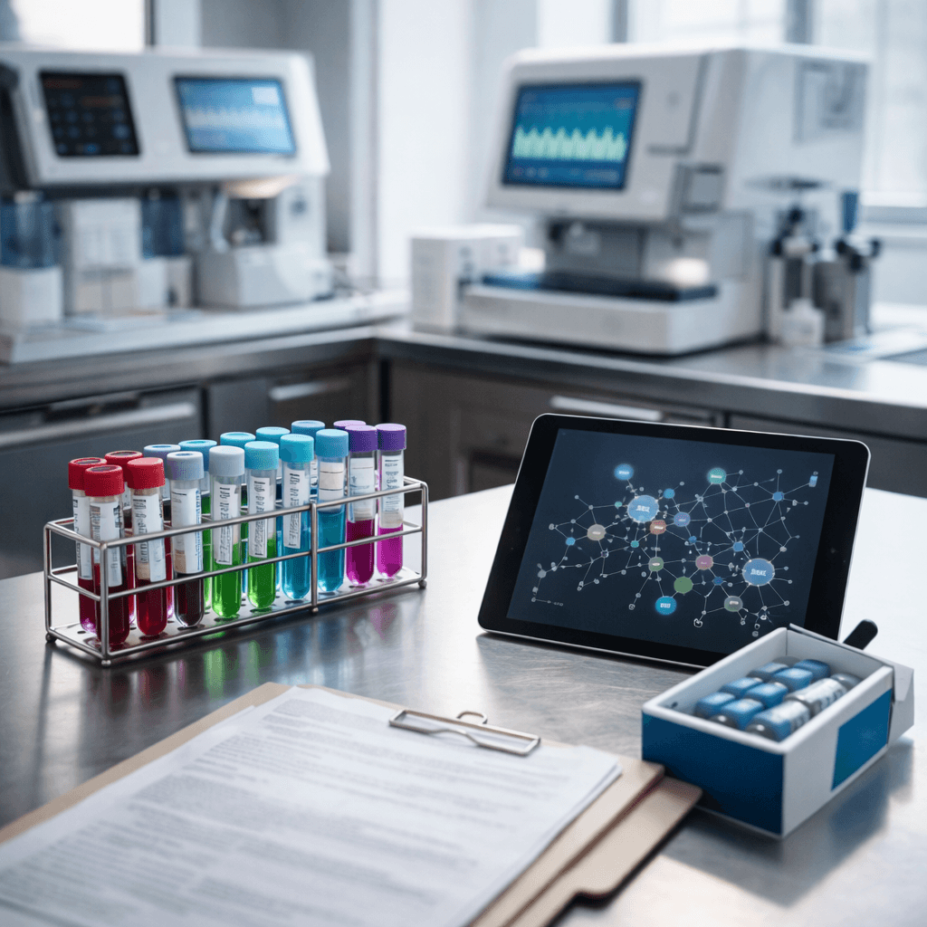 Modern medical research room with test tubes and devices representing legal funding for experimental medical treatment