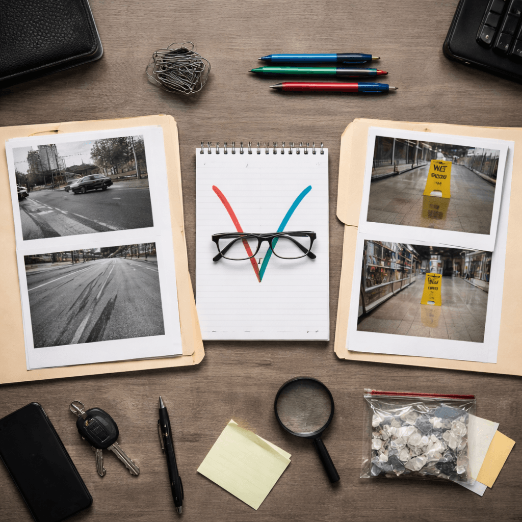 Two distinct case folders with evidence photos on a desk symbolizing funding multiple injury claims safely