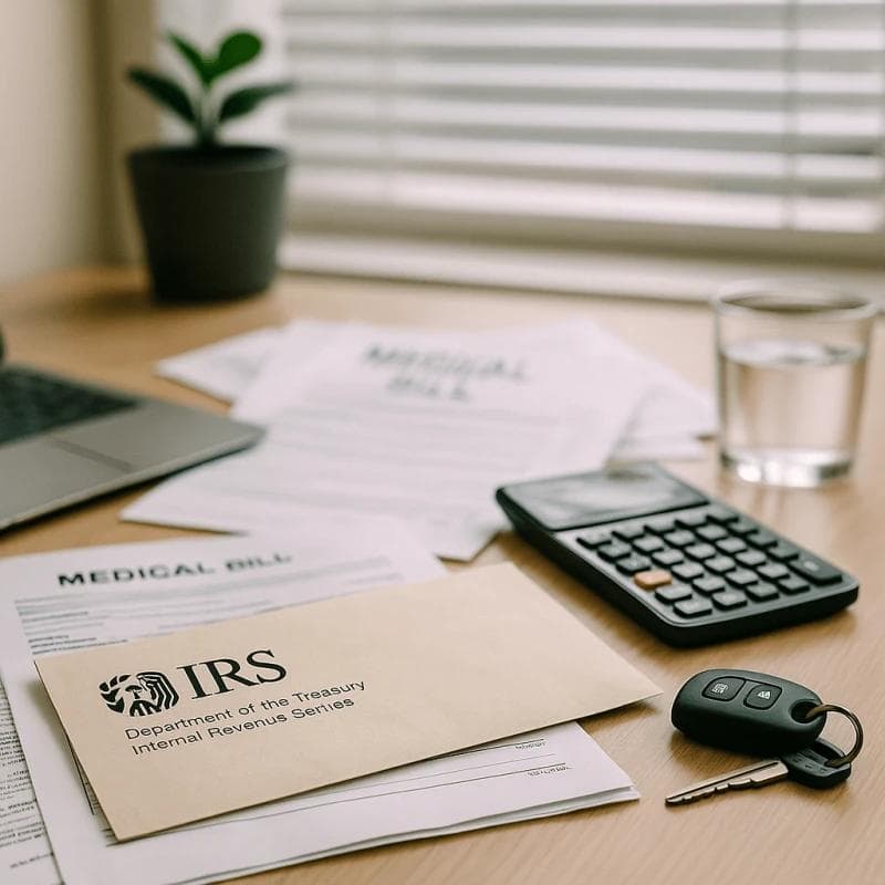 IRS envelope and financial bills symbolizing personal injury settlement concerns