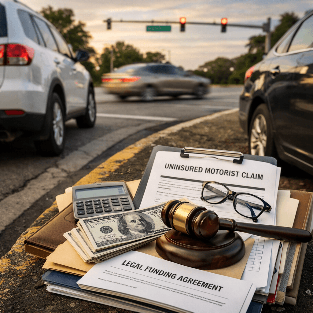 Intersection shoulder with parked vehicles and hidden paperwork symbolizing legal funding for uninsured and underinsured motorist claims