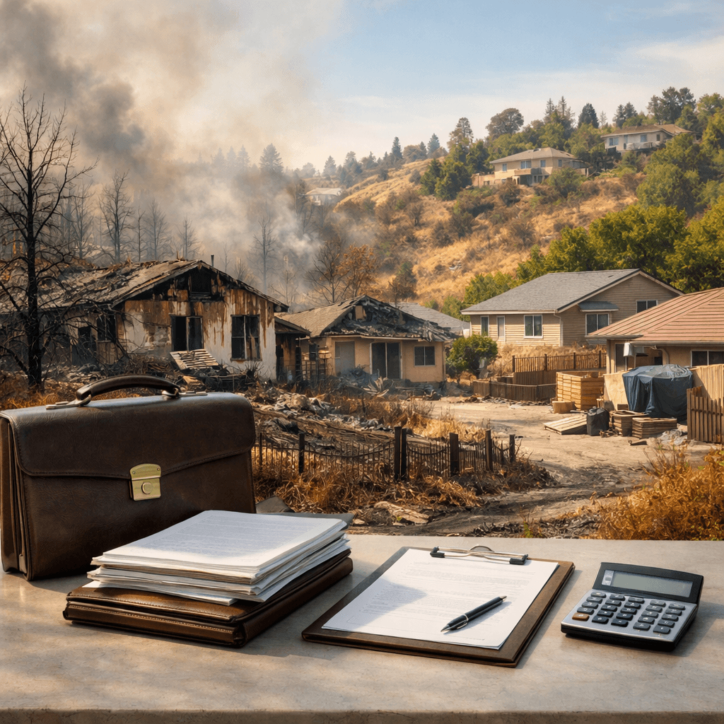 Fire-damaged homes from the Eaton Fire with legal and financial documents in the foreground, representing legal funding support for Eaton Fire property damage and related claims