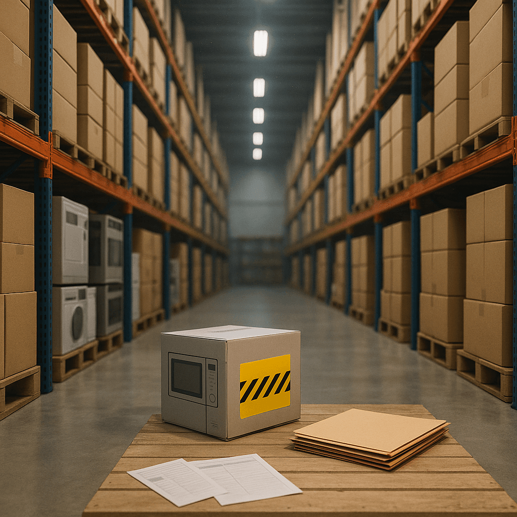 Warehouse shelves of identical products and a highlighted item representing funding long-timeline defective-product injury cases