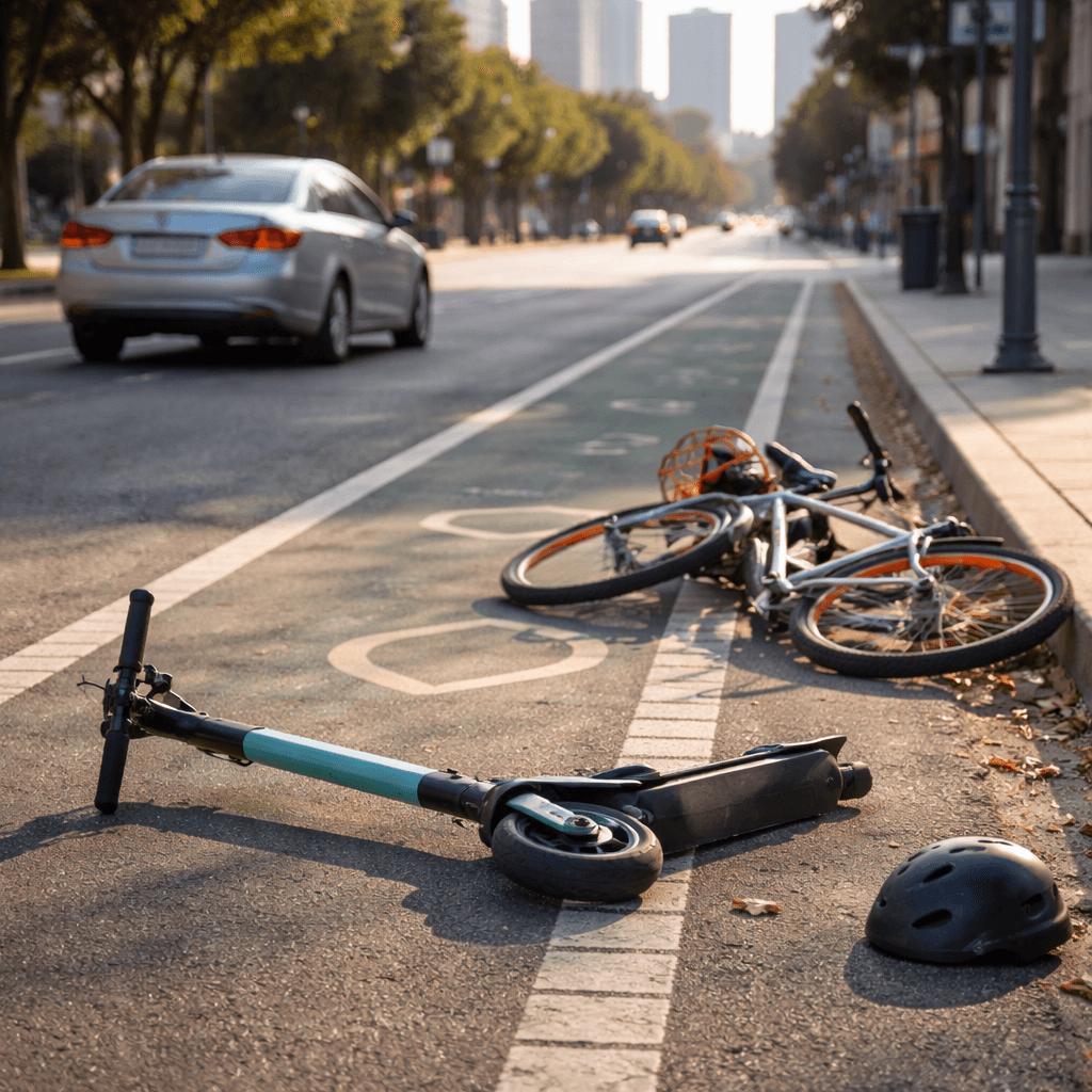 Fallen scooter and bike in a city bike lane illustrating pre-settlement funding for scooter, e-bike, and bike-share crashes