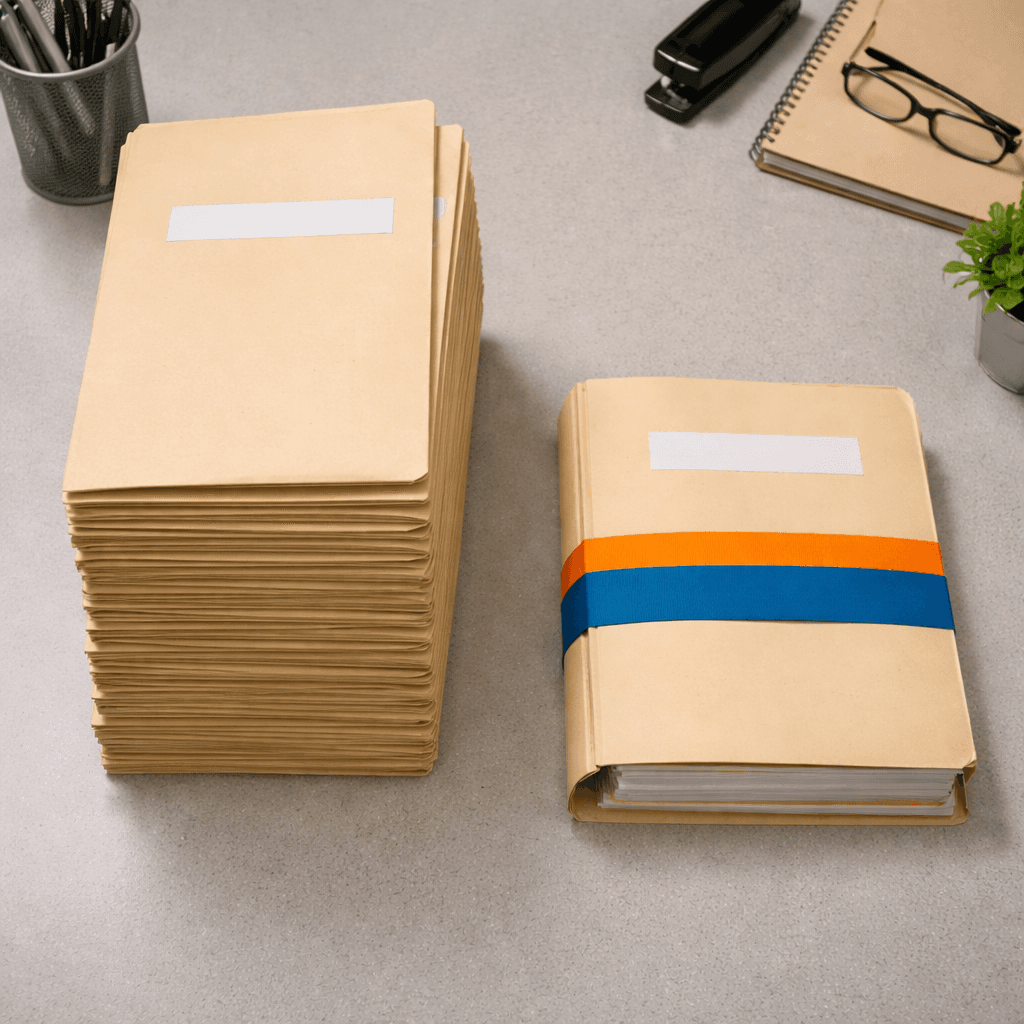 Single thick folder next to a tall stack of identical folders symbolizing funding class members versus named plaintiffs in class actions