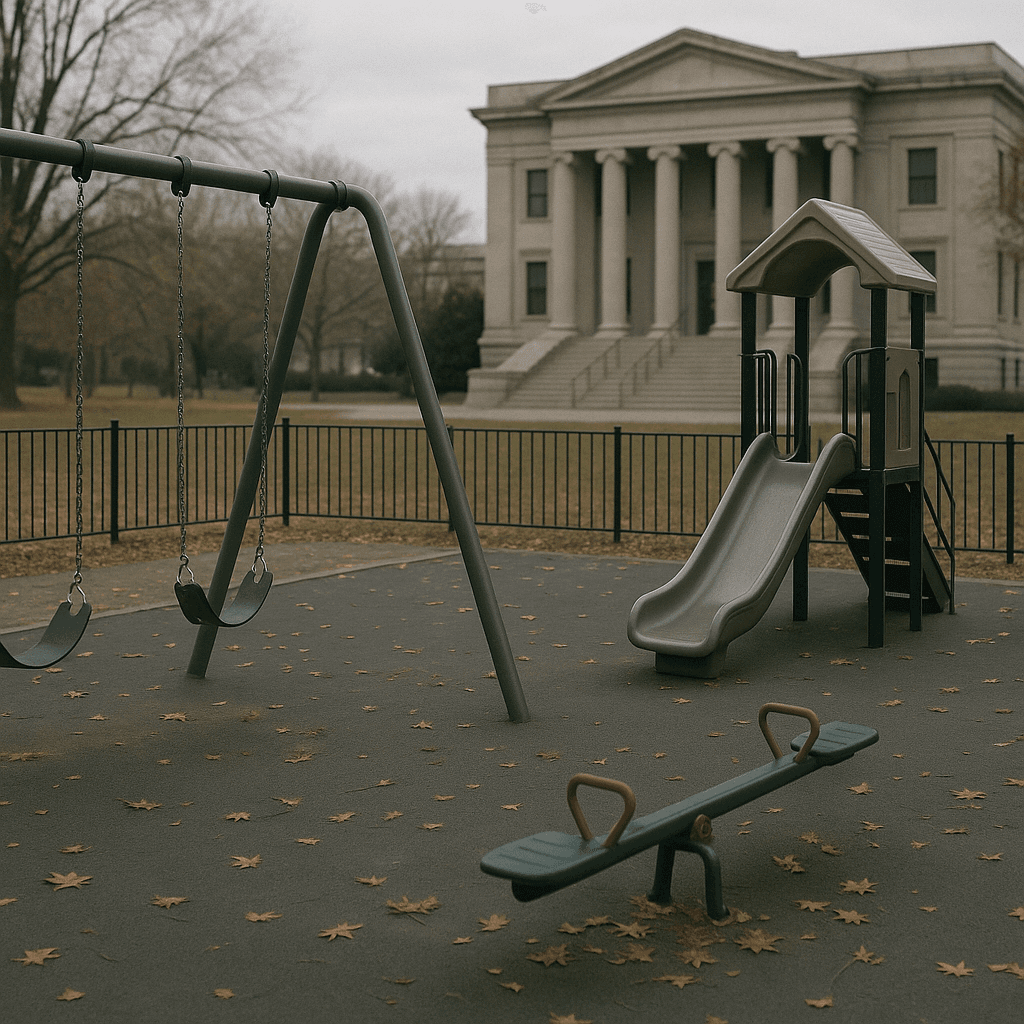 Empty playground with a courthouse in the distance, symbolizing personal injury funding involving minors and guardians.