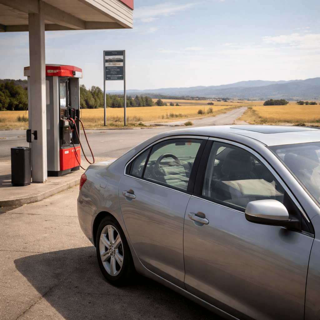 Car at a rural gas station with folders inside representing legal funding for rural plaintiffs facing long travel to care