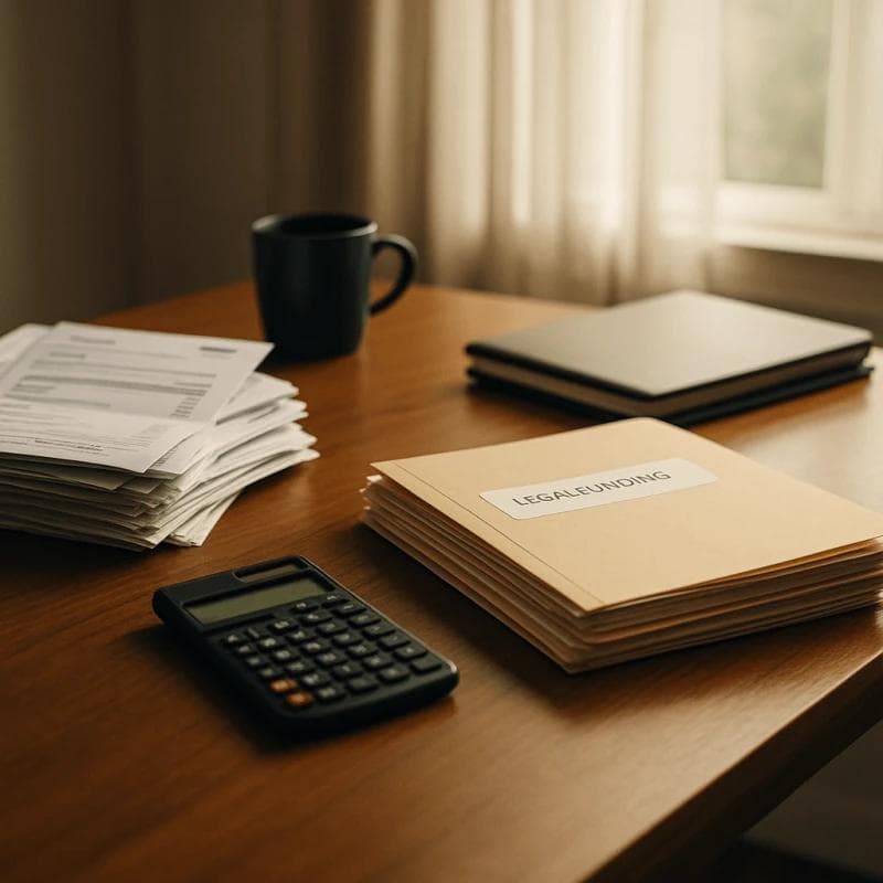 Desk with credit card bills and legal funding papers symbolizing pre-settlement funding as an alternative to payday loans